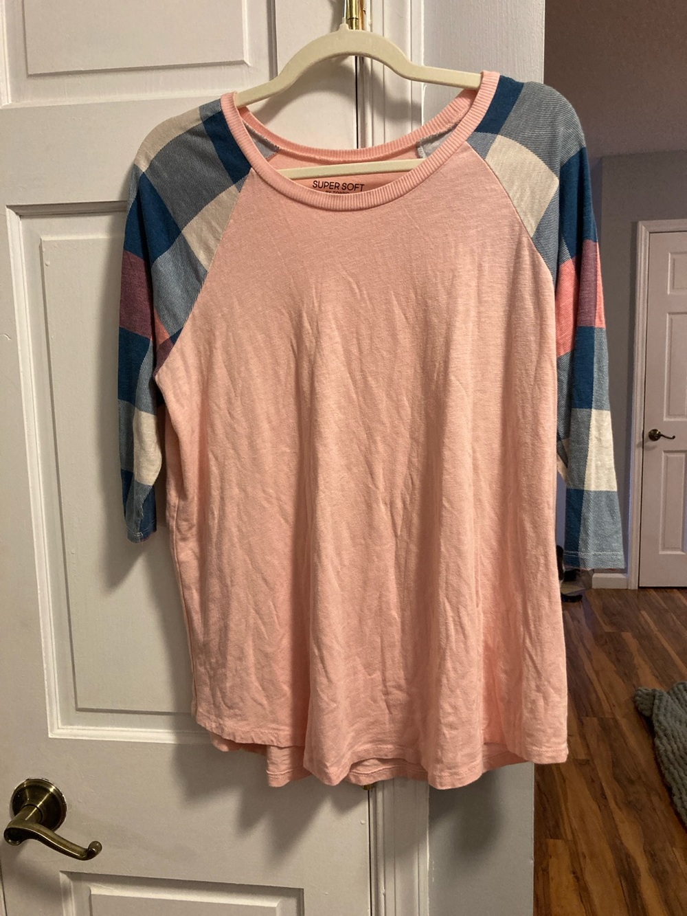 torrid Pale Pink Raglan Tee with Blue and Cream Plaid Sleeves